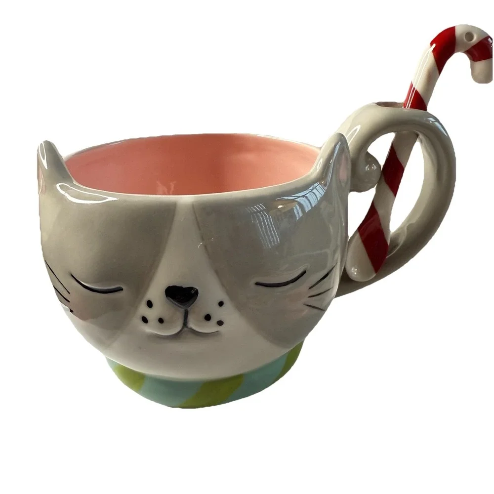 St Nicholas Square Cat with Candy Cane Spoon Coffee Hot‎ Chocolate Mug Cup